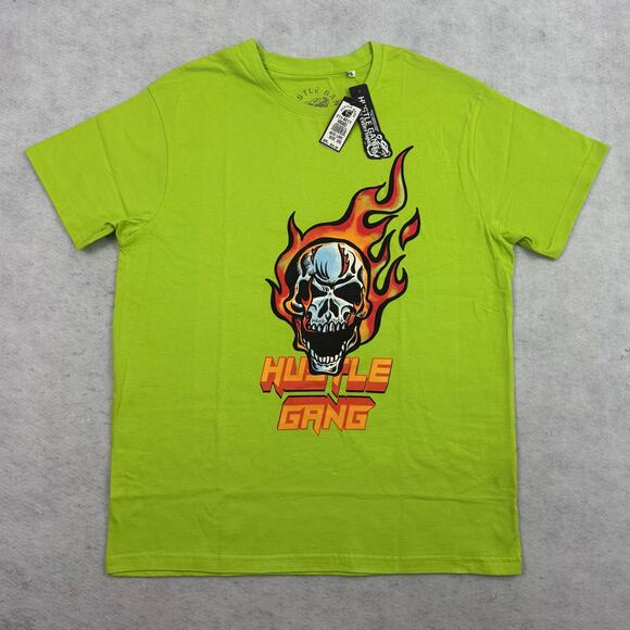 Hustle Gang Vengeance Skull Tee 2XL Acid Lime Graphic Streetwear Flame Logo NWT - Picture 7 of 15